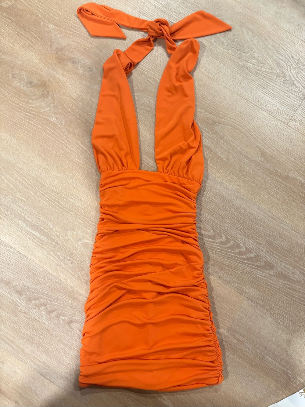 Zara Orange Ruched Mini Halter Dress
